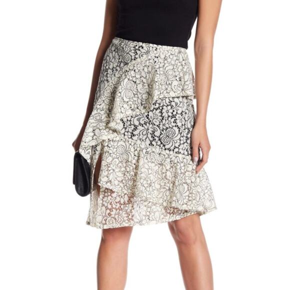 NWT Nanette Lepore Women's Lace Overlay Asymmetrical Ruffle Hem Midi Skirt - Picture 2 of 7